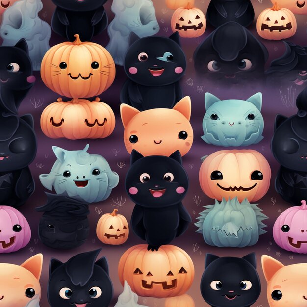 there are many different colored cats and pumpkins on a purple background generative ai