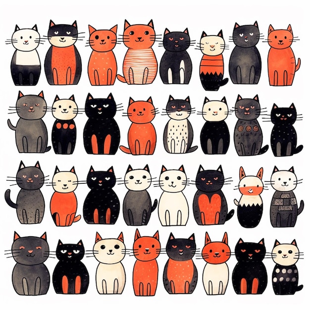 there are many different colored cats sitting together in a row generative ai