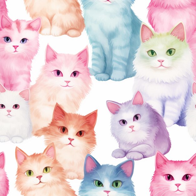 there are many different colored cats sitting together on a white background generative ai