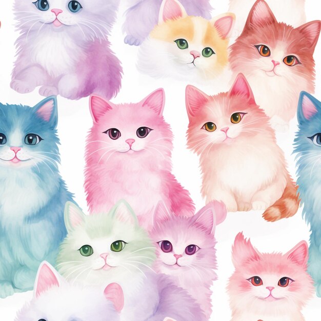 there are many different colored cats sitting together on a white surface generative ai