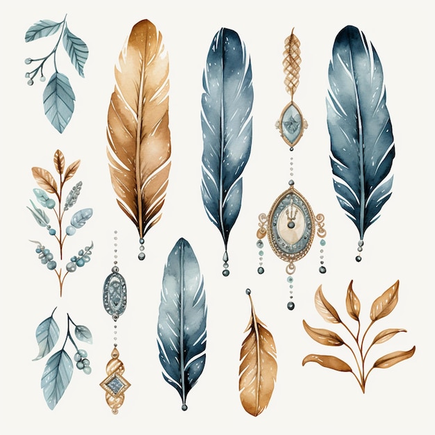 there are many different colored feathers and leaves on this white background generative ai