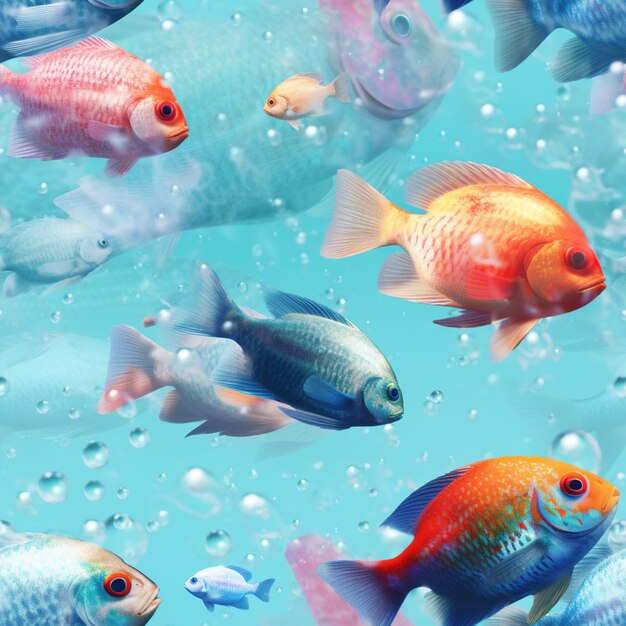 В воде плавает много разноцветных рыбок, генерирующих искусственный интеллект.
