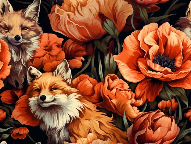 There are many different colored flowers and animals in this picture generative ai