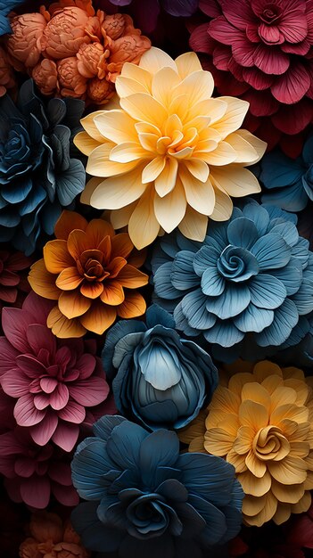 There are many different colored flowers arranged together on a wall generative ai
