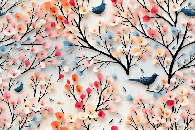 There are many different colored flowers and birds on the tree generative ai