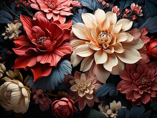 There are many different colored flowers on a black background generative ai