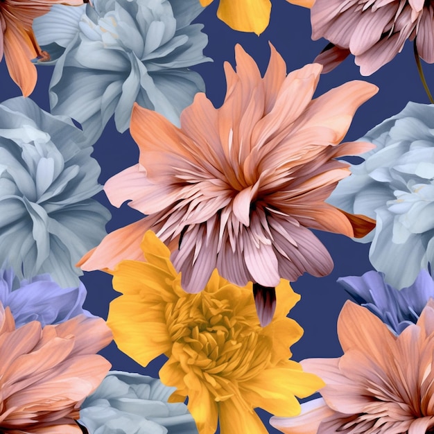 there are many different colored flowers on a blue background generative ai