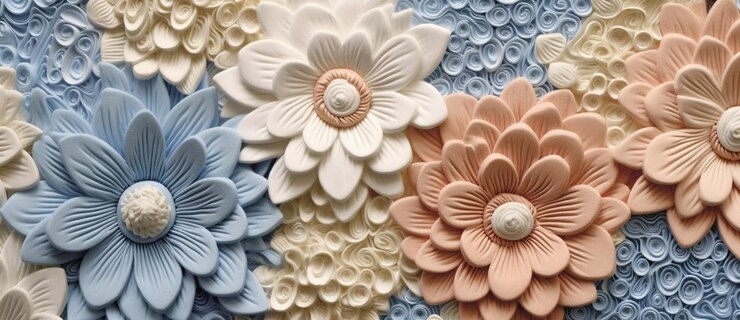 Photo 青と白の背景には 色々な色の花がたくさんあります