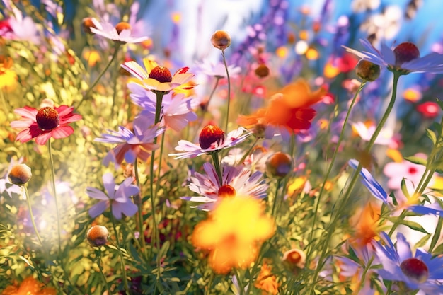 写真 緑の草の畑には 色々な花がいています