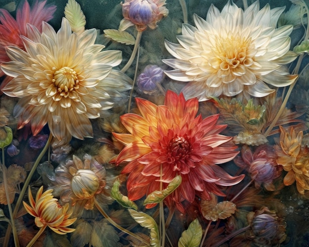 there are many different colored flowers in a painting on the wall generative ai