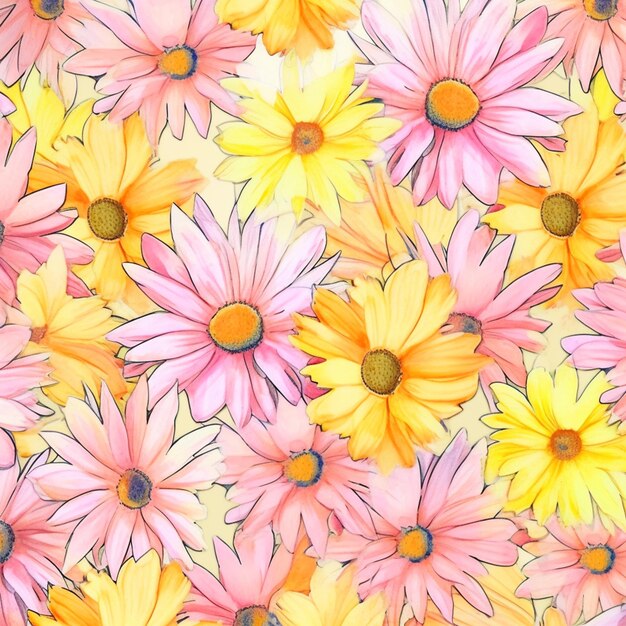 There are many different colored flowers that are on a yellow background generative ai