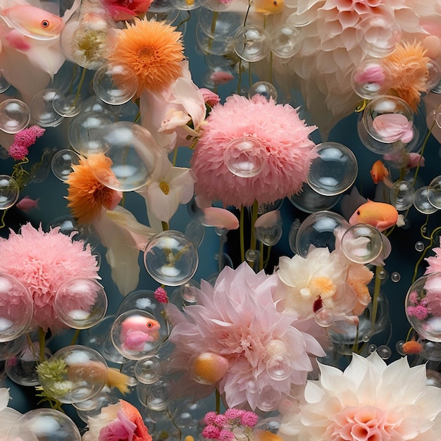 水中にはさまざまな色の花があり、泡が生成されます。