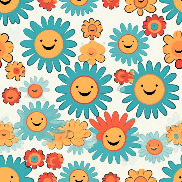 There are many different colored flowers with smiling faces on them generative ai