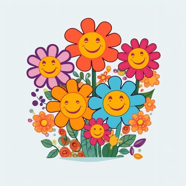 Photo there are many different colored flowers with smiling faces on them generative ai