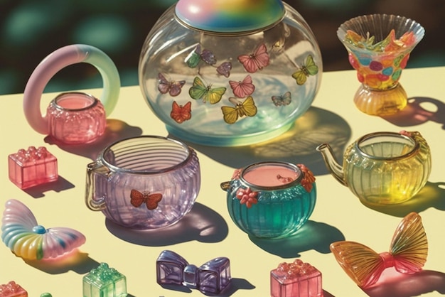 There are many different colored glass objects on a table generative ai