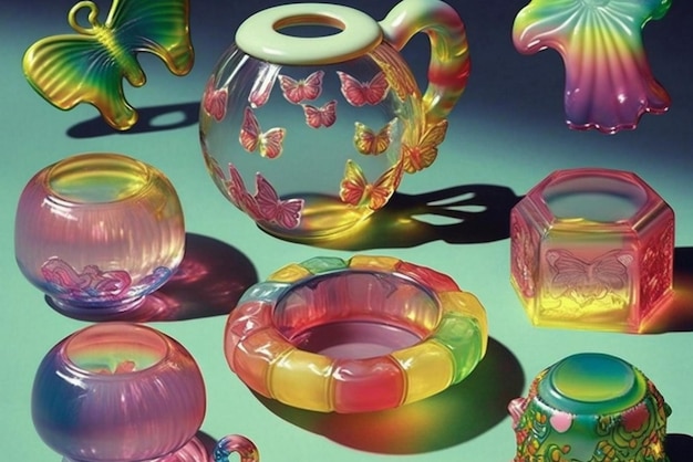 Есть много разноцветных стеклянных ваз, а на столе генеративное искусство.