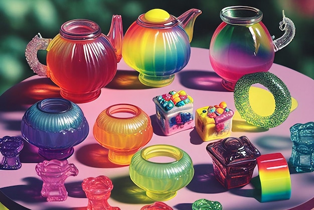 There are many different colored glass vases and on a table generative ai