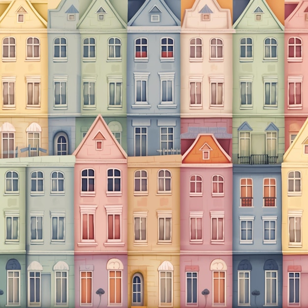 There are many different colored houses in a row on the street generative ai