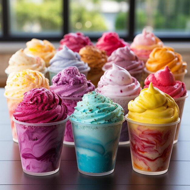 there are many different colored ice creams in cups on a table generative ai