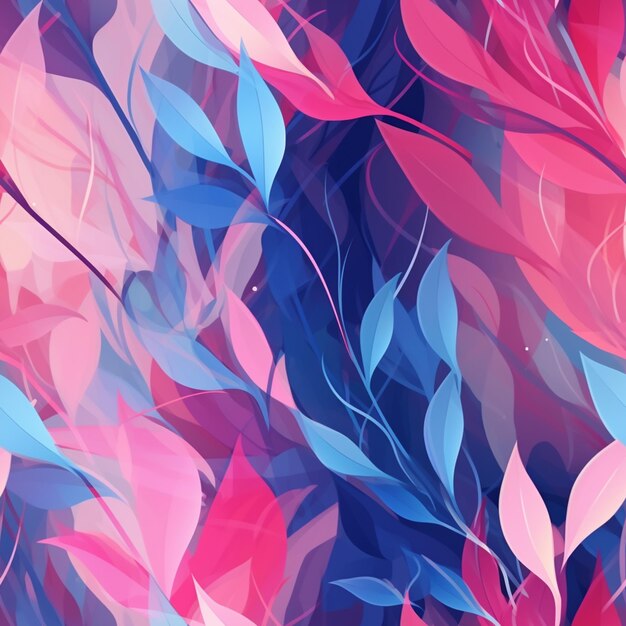 There are many different colored leaves on a blue and pink background generative ai