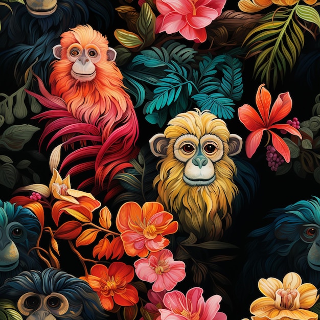 there are many different colored monkeys and flowers on this black background generative ai