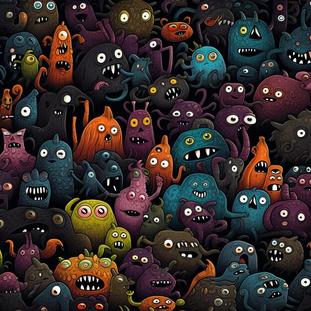 there are many different colored monsters all together in this picture generative ai