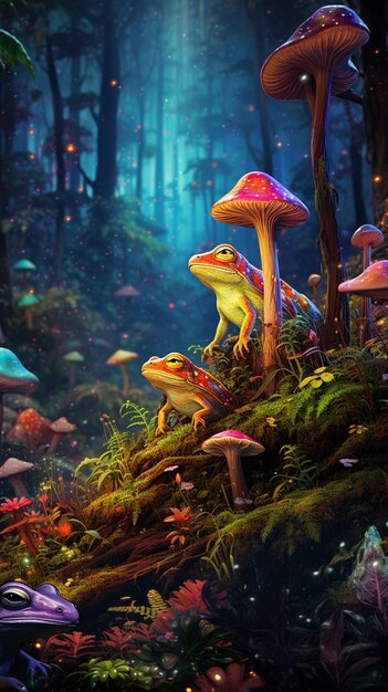 there are many different colored mushrooms in the forest generative ai