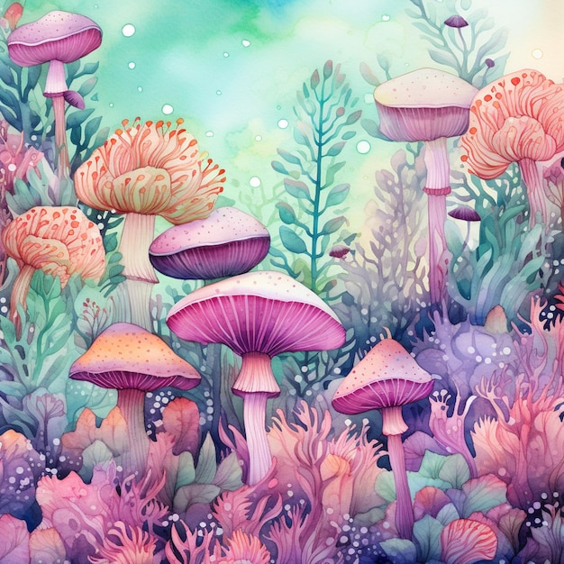 there are many different colored mushrooms in the grass generative ai