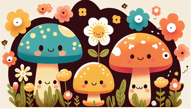 Photo there are many different colored mushrooms in the grass with flowers generative ai