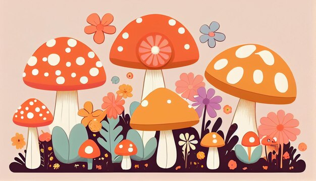 Photo there are many different colored mushrooms in the grass with flowers generative ai