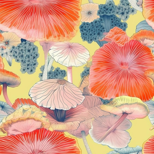 there are many different colored mushrooms on a yellow background generative ai