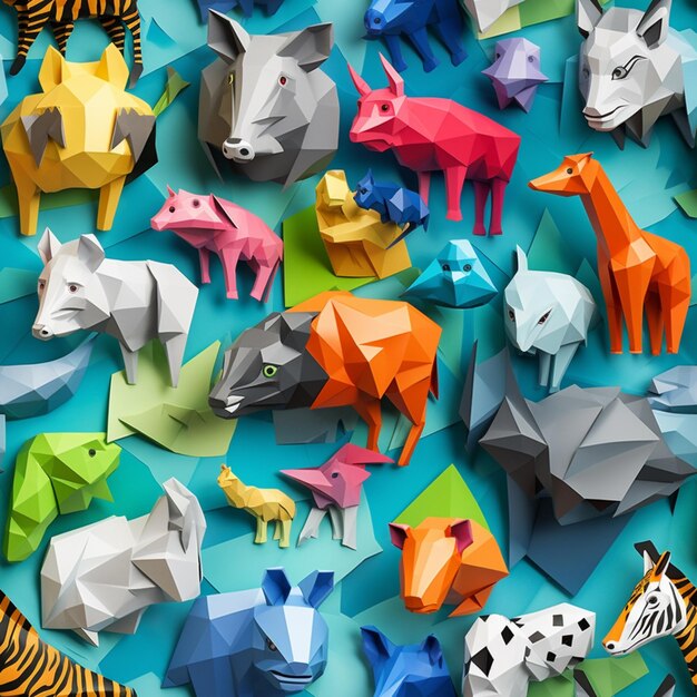 There are many different colored origami animals on a blue surface generative ai