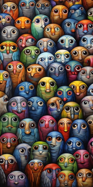 There are many different colored owls all together in a group generative ai