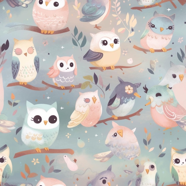 There are many different colored owls sitting on a tree branch generative ai