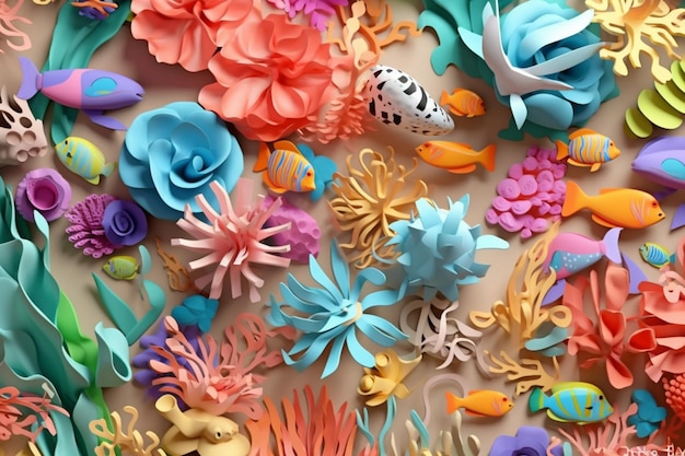 There are many different colored paper flowers and fish on the wall generative ai