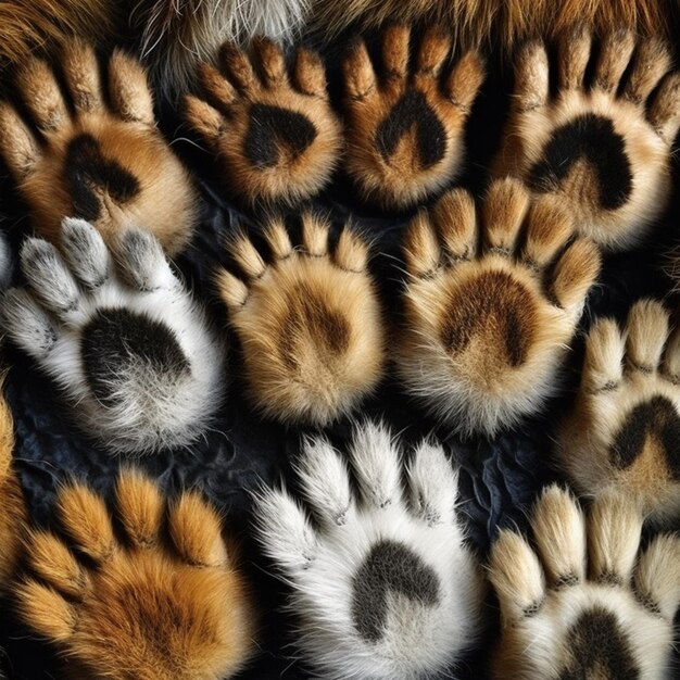 there are many different colored paws of a tiger laying on a blanket generative ai