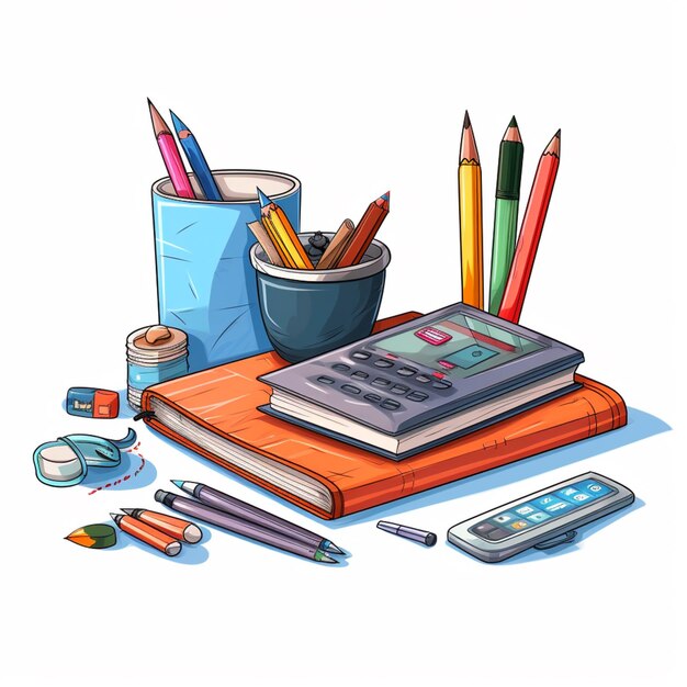 Фото Есть много разных цветных карандашей и калькулятор на столе генеративный ай