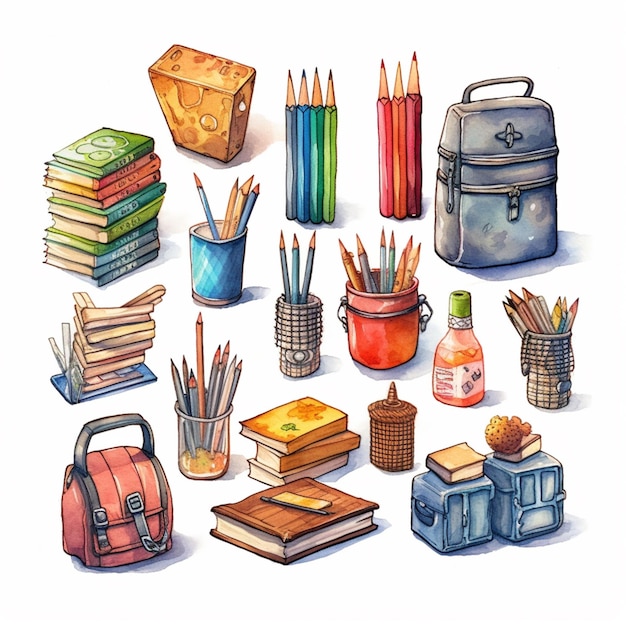 There are many different colored pencils and other items in this picture generative ai