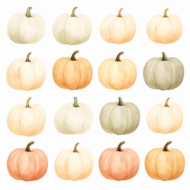 there are many different colored pumpkins on a white background generative ai