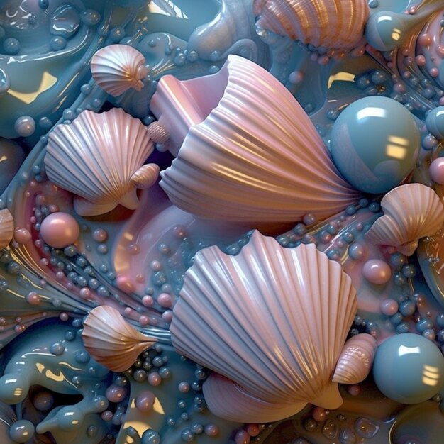 there are many different colored shells and pearls on a blue plate generative ai