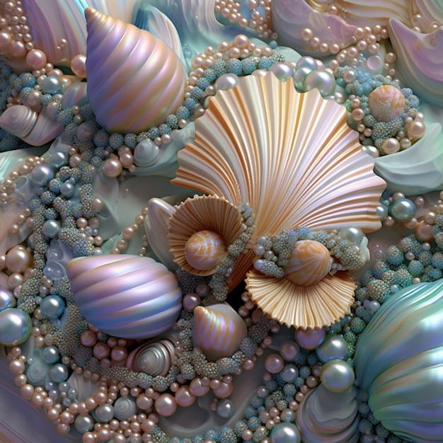 there are many different colored shells and pearls on a plate generative ai