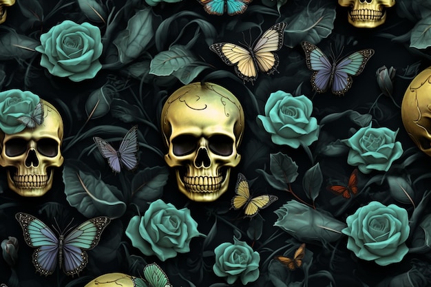 Photo there are many different colored skulls and butterflies in this picture generative ai