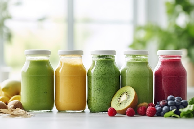 Photo there are many different colored smoothies in glass bottles on the counter generative ai