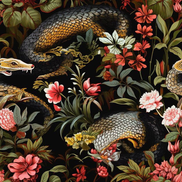 Photo there are many different colored snakes and flowers on this black background generative ai