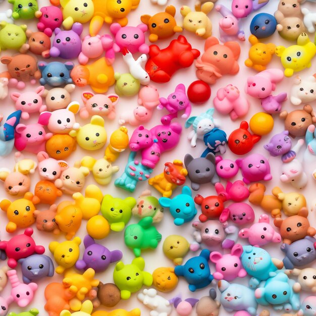 There are many different colored teddy bears and other small toys generative ai