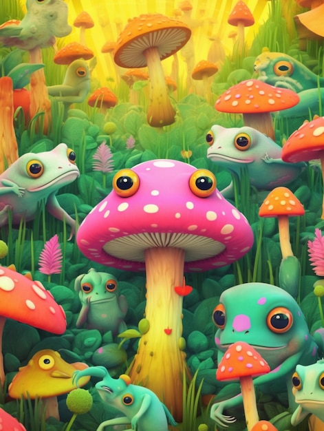 There are many different colored toads in a field of mushrooms generative ai