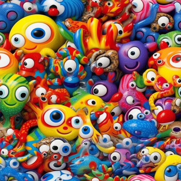 There are many different colored toys with eyes and mouths generative ai