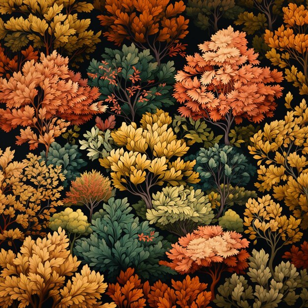 There are many different colored trees in a field of leaves generative ai