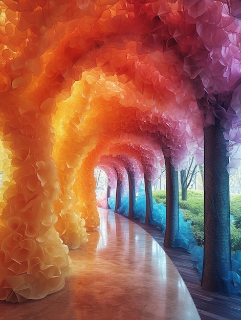 Foto ci sono molti alberi di diversi colori allineati in un tunnel generativo ai