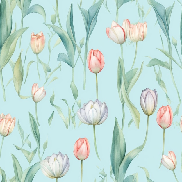 there are many different colored tulips on a blue background generative ai